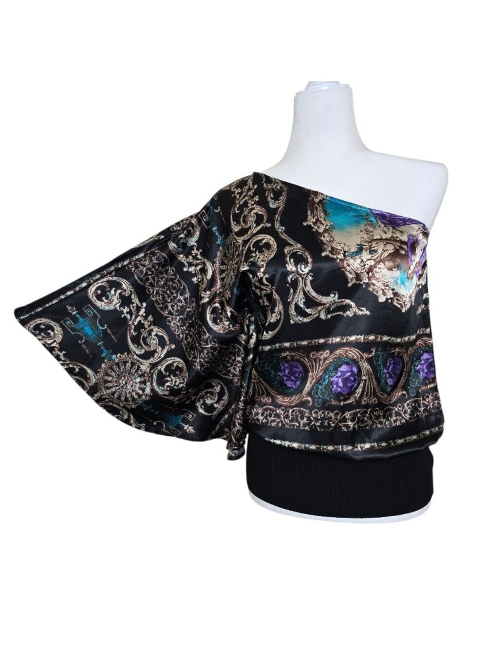 Y2K 2b bebe Womens Baroque Ornate Satin On Shoulder Batwing Ribbed Hem Top XS